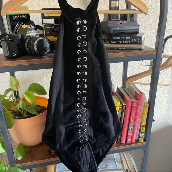 J Valentine Lace Up Black Rave Bodysuit Edgy High Neck size M/L - Picture 2 of 11